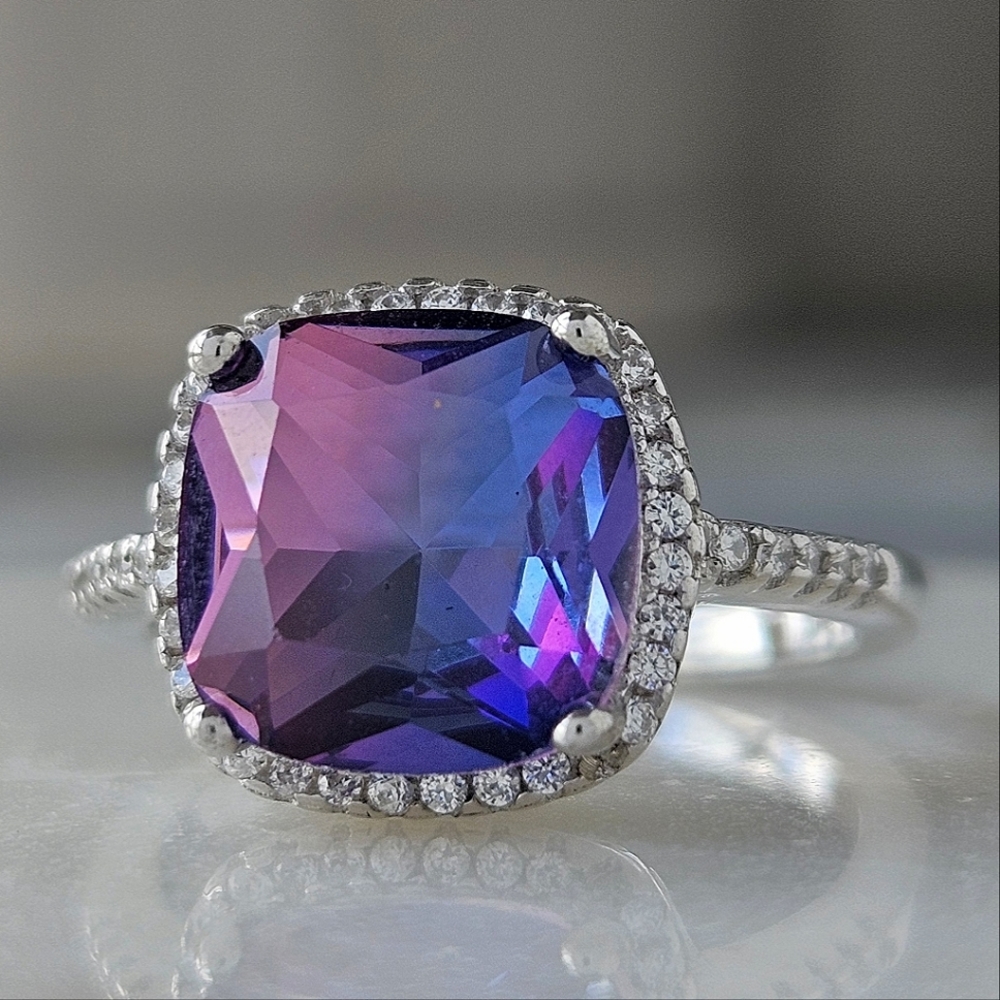 Pink & Purple Cushion Cut Gemstone Ring, 925 Sterling Silver Charmed Aro…